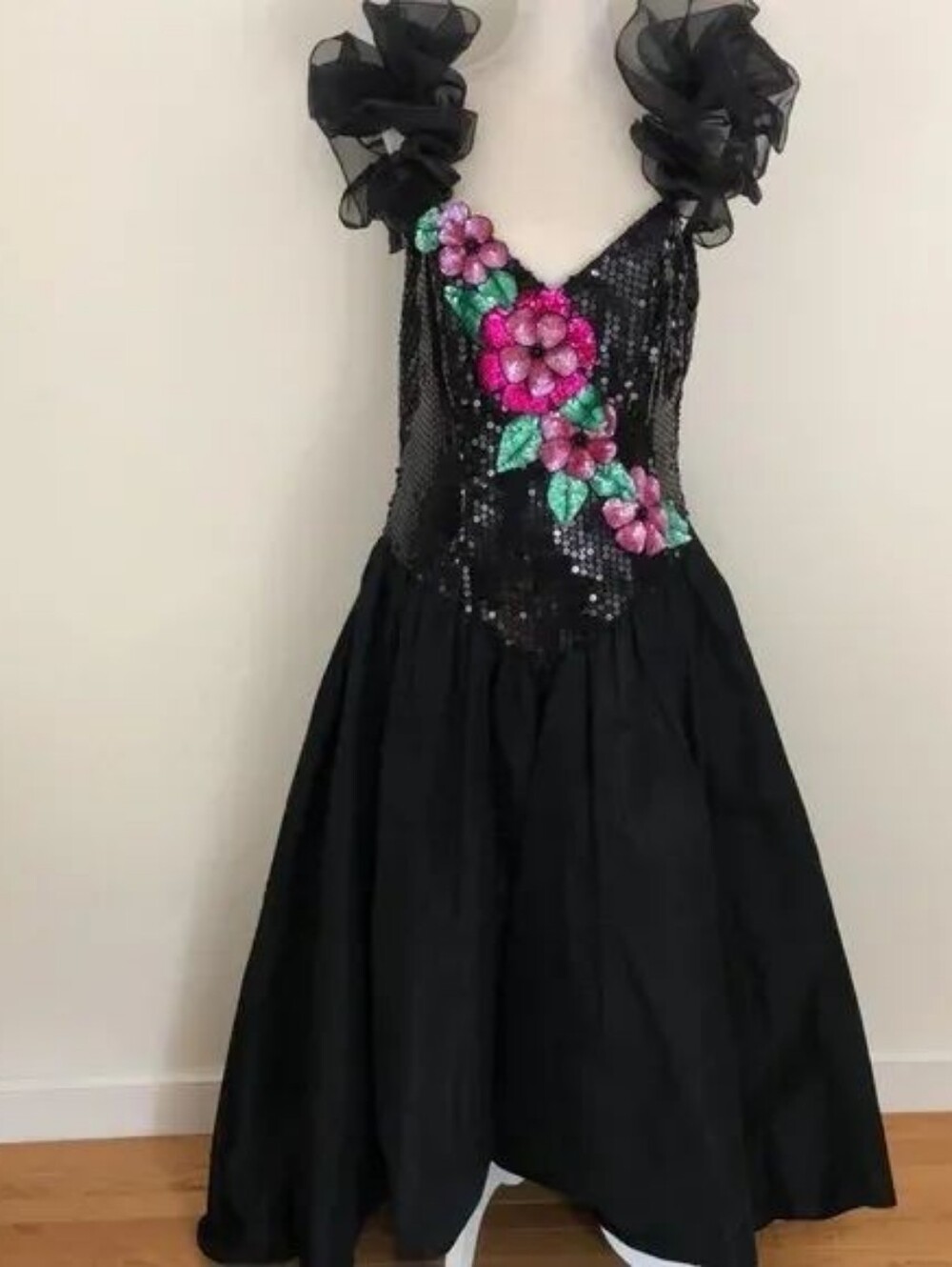 Vintage Loralie 80s Black Sequin Floral Prom Dress